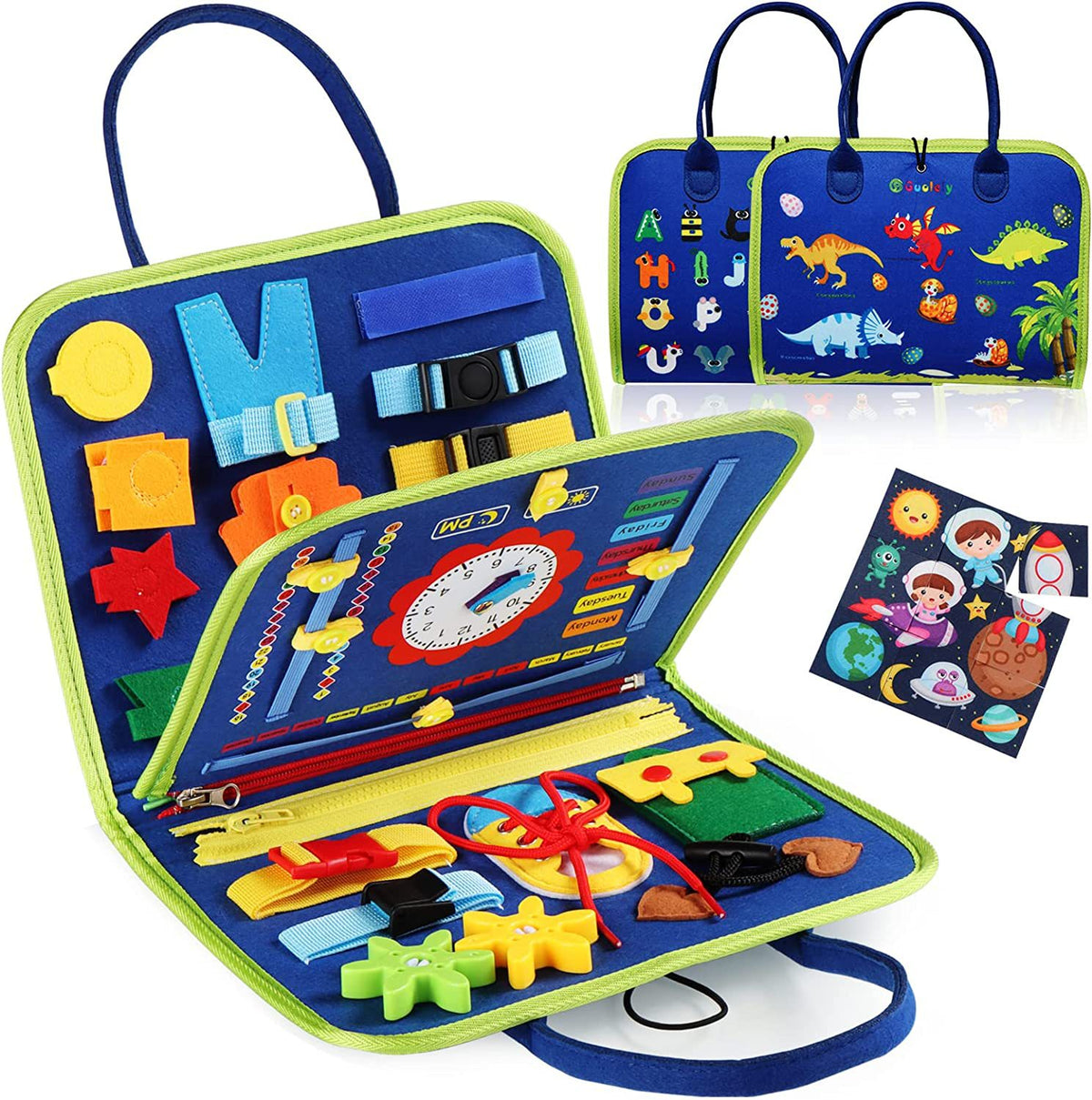 Close-up of the buttoning activity on the felt busy board