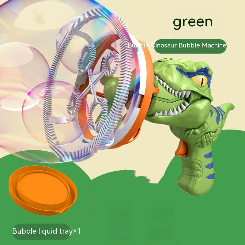 Dinosaur Bubble Machine shown with its bottle of bubble solution