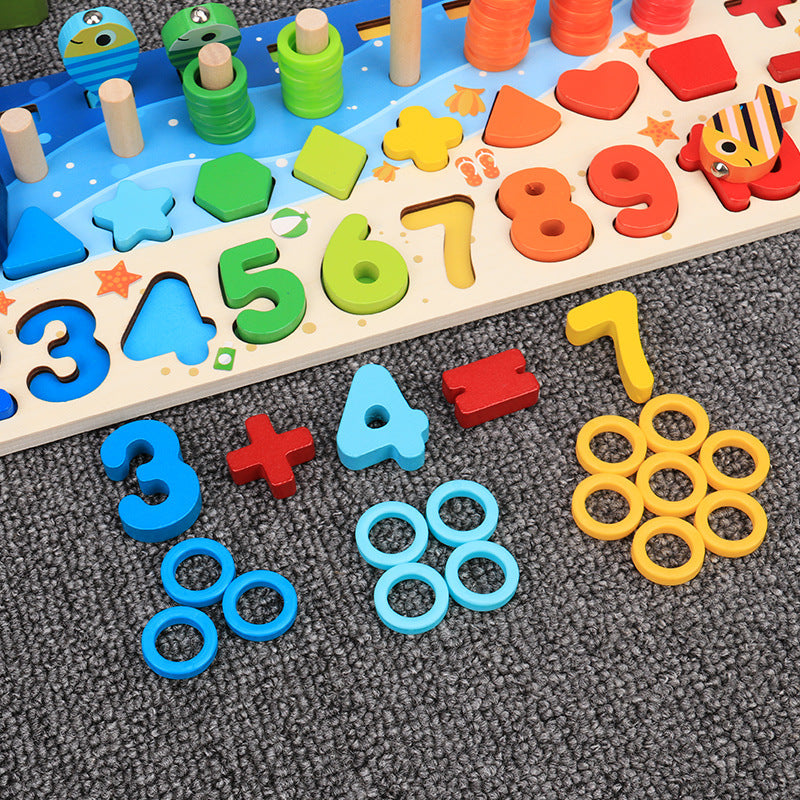 Close-up of the chunky wooden number pieces
