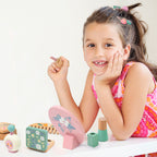 Wooden Pretend Makeup Set in sage green with all pieces laid out