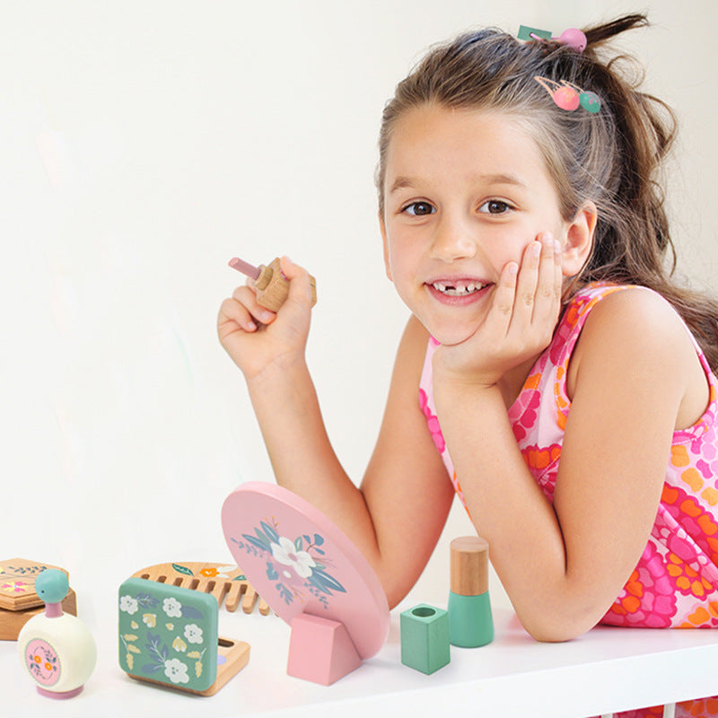 Wooden Pretend Makeup Set in sage green with all pieces laid out