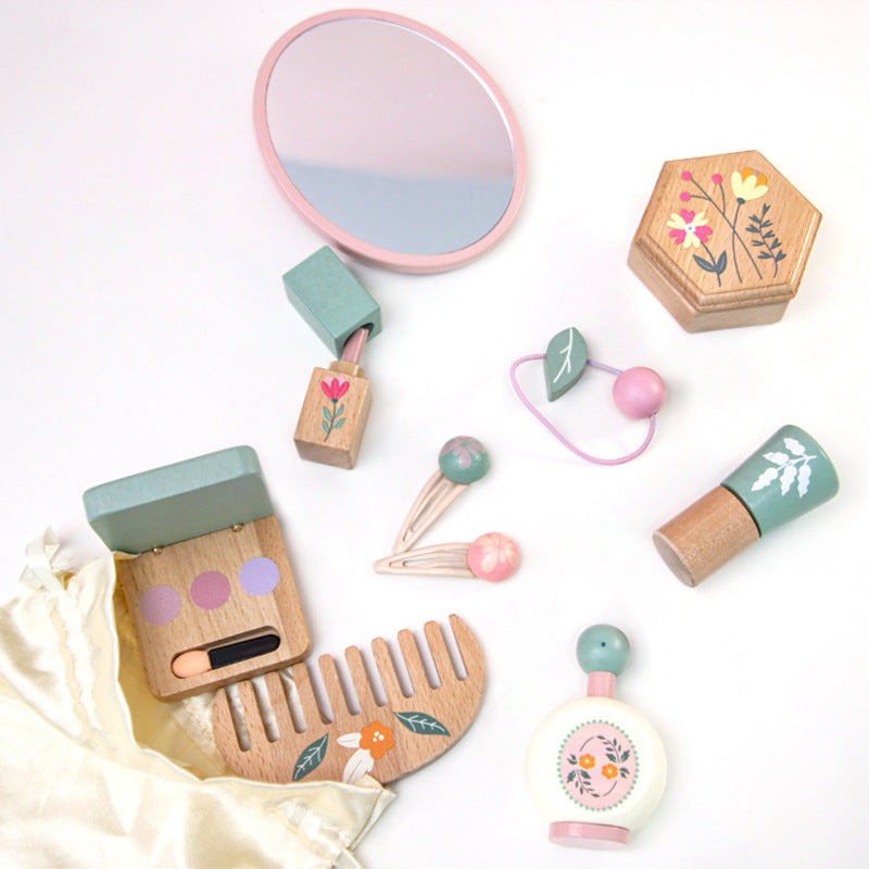 Wooden pretend lipstick, compact and comb from the makeup set