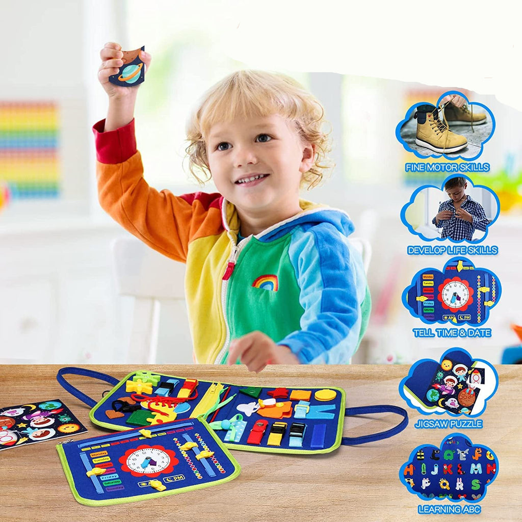 Toddler Dressing Busy Board in blue felt, laid flat