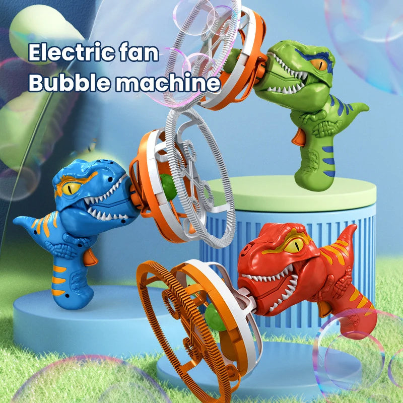 Child using the KidsStrike Dinosaur Bubble Machine in a garden