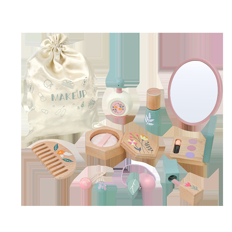Wooden Pretend Makeup Set packed into its pouch