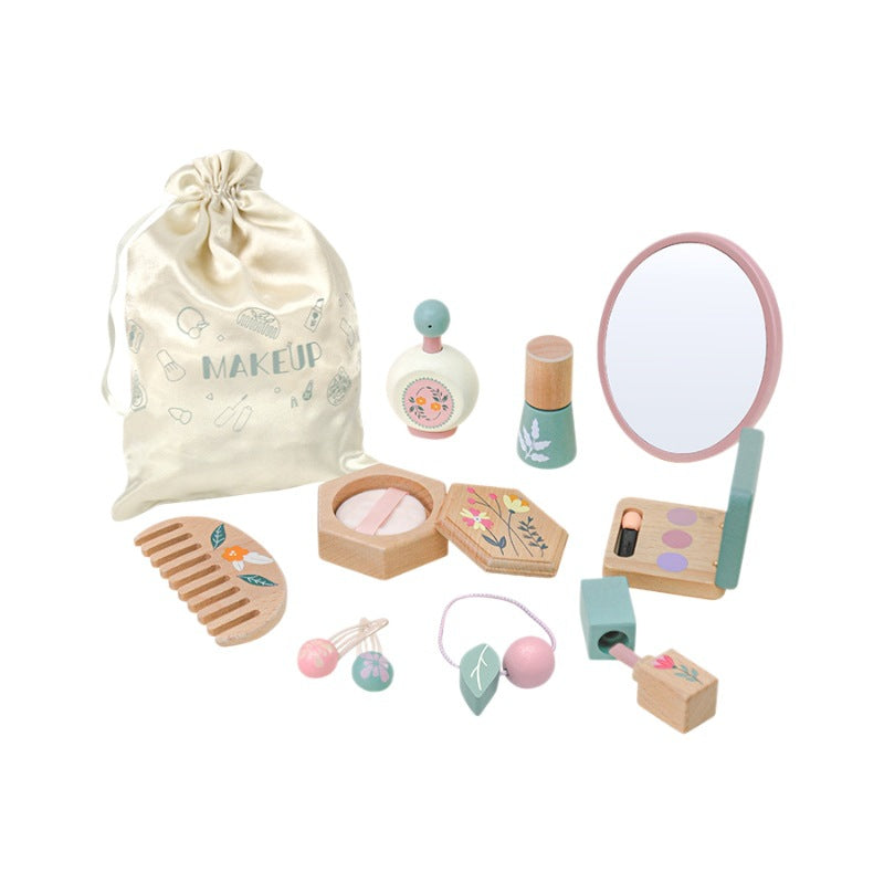 Cotton drawstring pouch included with the wooden makeup set